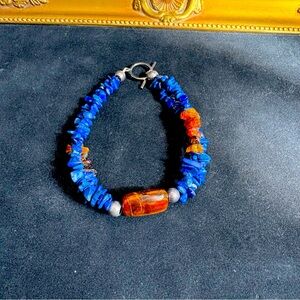 Amber, Lapis & Sterling Silver Beaded Bracelet